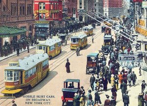 VINTAGE CONTINENTAL SIZE POSTCARD HOBBLE SKIRT CARS ON BROADWAY NYC 1920 (REPRO)