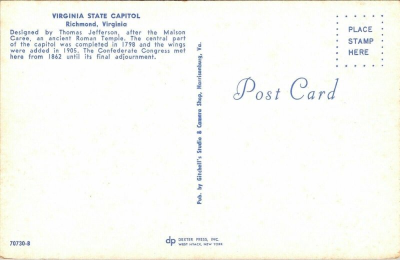 Virginia State Capitol Richmond VA Postcard Dexter VTG UNP Vintage Unused Chrome 