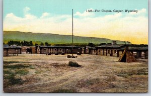 Wyoming~Old Fort Casper Bldgs & Tepee Scene~Sanborn Souvenir Vtg Linen Postcard