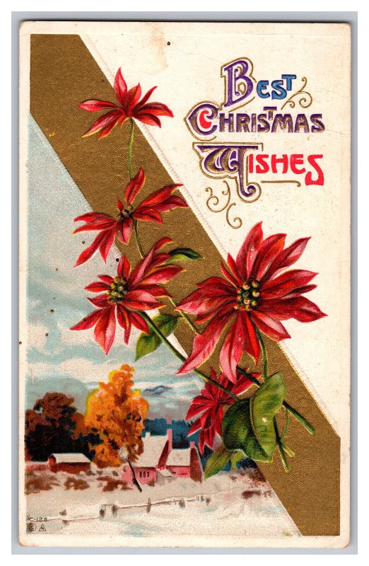 c1914 Postcard Best Christmas Wishes Vintage Standard View Embossed Card Flowers