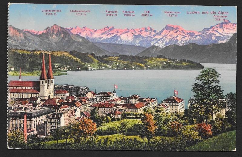 Lucerne at Water Edge & Distance to Mountains SWITZERLAND Unused c1910s