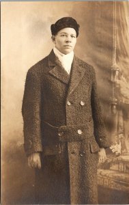 Vtg RPPC Studio View Man w Fur Hat Heavy Trench Coat 1910s Real Photo Postcard