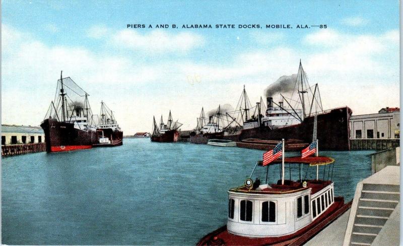 MOBILE, AL Alabama  SHIPS at PIERS A & B Alabama State Docks  c1940s  Postcard