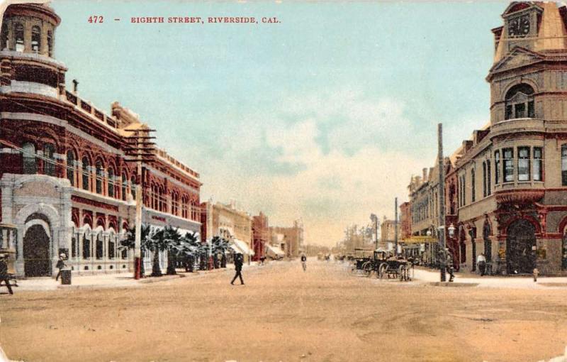 Riverside California Eight Street Scene Historic Bldgs Antique Postcard K35489