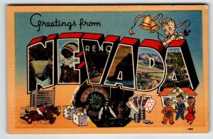 Greetings From Reno Nevada Casinos Cupid Large Big Letter Postcard Linen Tichnor