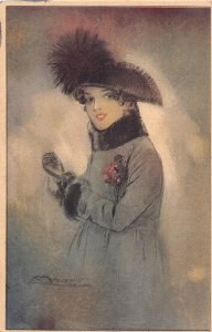 Fashion Glamour Art by Mauzan Lady in Fur Raincoat vintage postcard C329