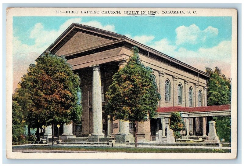 c1940s First Baptist Church Built In 1850 Columbia SC Shermans Invasion Postcard