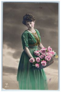 Pretty Woman Dress Flowers Basket Studio Portrait Tinted RPPC Photo Postcard 