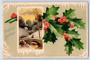 Christmas Postcard Greetings Winter Scene Holly Berries Duncombe IA 1911 Antique