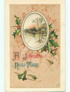 Unused Pre-Linen new year WINTER SCENE WITH HOLLY k4957