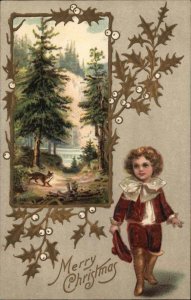 Christmas Little Boy Victorian Suit Embossed Woods Scene c1910 Vintage Postcard