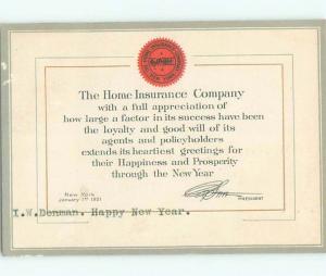 1921 New Year HOME INSURANCE COMPANY POSTCARD AC7293