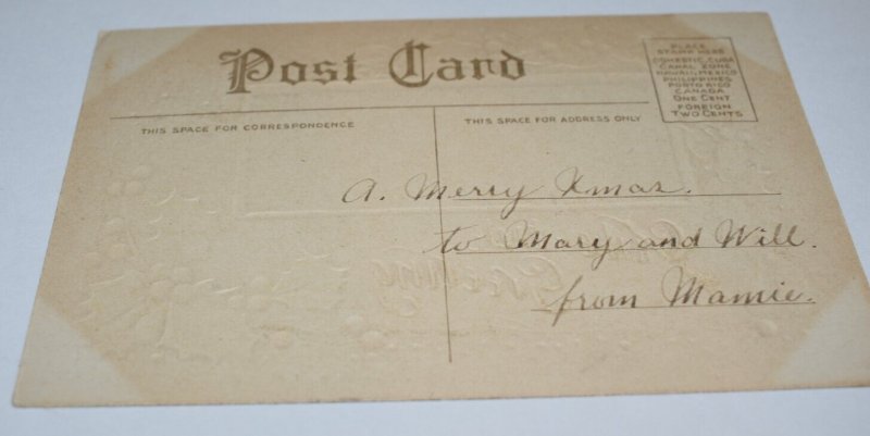 Yule-tide Greeting Christmas Winter Scene Holly Border Embossed Postcard