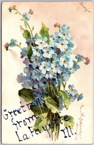 1908 Greetings From La Fayette Illinois, Forget-Me-Nots Blue Flower, Postcard