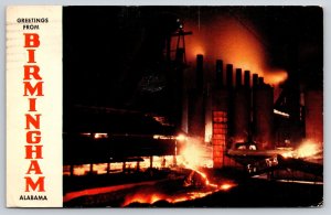 Banner~Greetings From Birmingham Alabama~Blast Furnace Night View~1958 Postcard