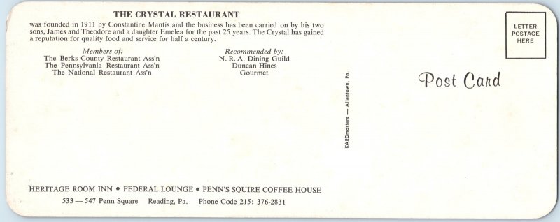 c1970s Reading, PA Penn Square Crystal Restaurant Oversized Postcard Mantis 3S