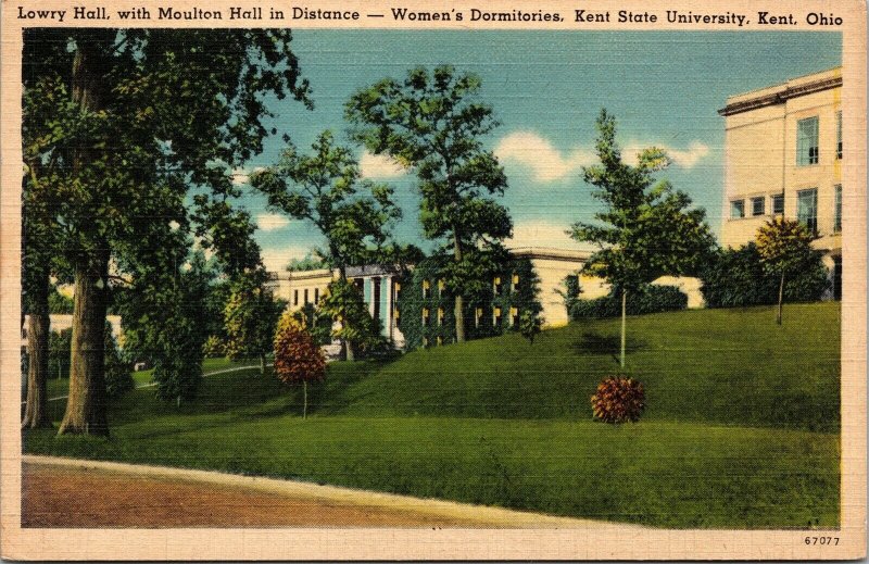 Lowry Hall Moulton Womens Dorms Kent State University Ohio OH Linen Postcard VTG 