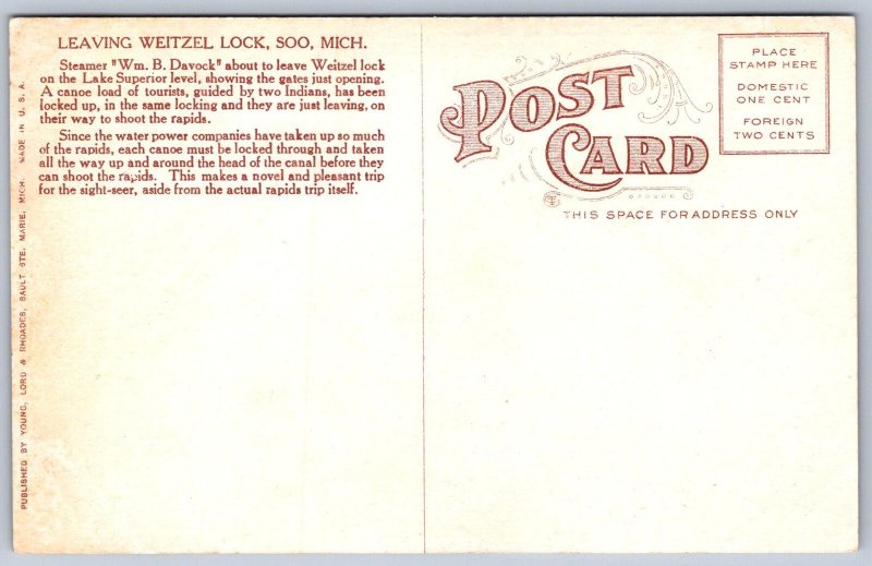 K24/ Soo Michigan Postcard c1910 Leaving Weitzel Lock Davock Ship 184