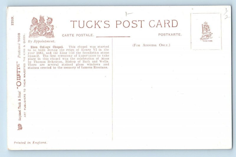 Windsor Berkshire England Postcard Eton College Chapel c1910 Oilette Tuck Art