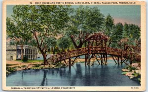 M-44653 Boat House and Rustic Bridge Lake Clara Mineral Palace Park Pueblo Co...