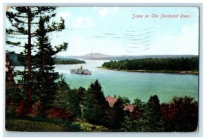 1910 Scene On The Penobscot River Steamer Ship Bangor Maine ME Antique Postcard