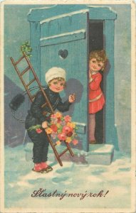 Girl chimney sweep by door New Year luck greetings postcard Czech Republic 1937 