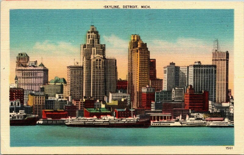 Skyline Detriot Michigan MI Ships Linen Postcard VTG PM Clean Cancel WOB Note 