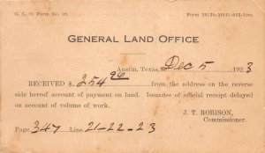 Austin Texas General Land Office Receipt Government Postal Postcard AA70072