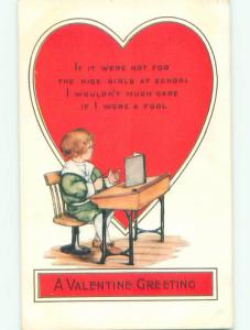 Unused Pre-Linen valentine BOY SHOOTS ELASTICS AT THE NICE GIRLS AT SCHOOL k5481