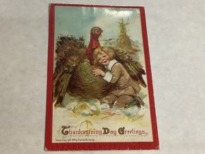 Artist signed Brundage Series #130 Thanksgiving Boy hugging Turkey Grade 4