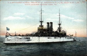 Newport News Virginia VA U.S. Battleship Illinois c1910 Vintage Postcard