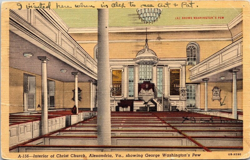 Interior Christ Church Alexandria VA Virginia George Washington Pew Postcard PM  