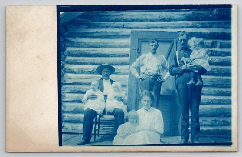 Cyanotype RPPC Family Fathers With Babies Log Cabin Homestead c1910 Postcard S28
