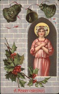 Christmas Woman Beneath Tolling Bells Embossed c1910 Vintage Postcard