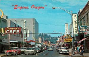 Vintage Postcard; Street Scene Eugene OR Downtown Willamette St Shops Signs Cars