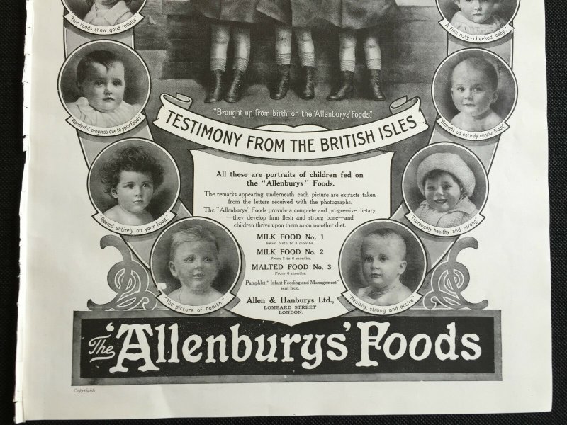 WW1 Era 1915 Newspaper Advert Page ALLENBURYS FOODS TESTIMONY FROM BRITISH ISLES