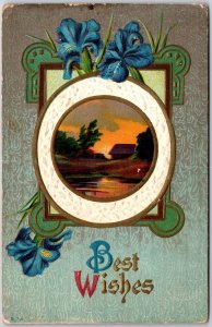 1912 Best Wishes Landscape Home Blue Pettaled Flowers Posted Postcard