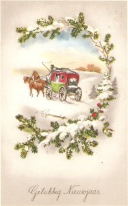 Horse carriage in a snowy landscape Vintage Dutch Christmas postcard 1950s