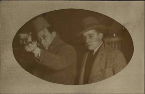 Shooting Gallery Amusement Park Men in Hats c1940s Real Photo Postcard