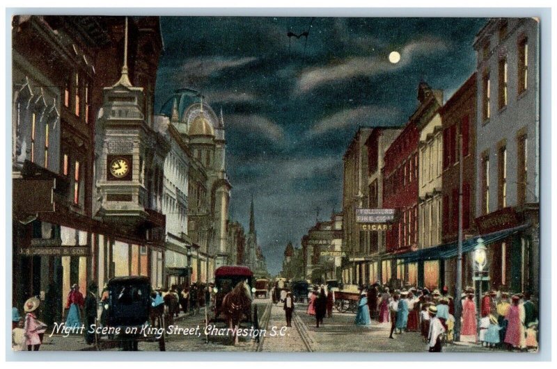 Charleston South Carolina Postcard Night Street King Street Moon c1910 Vintage