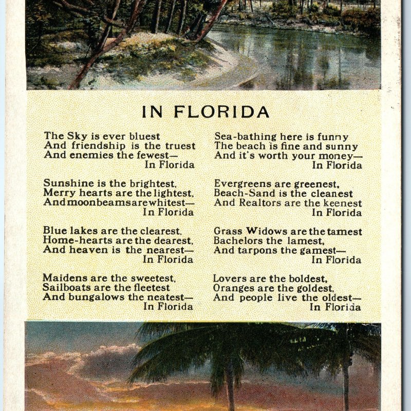 c1920s Florida Poem Card Beautiful Florida Series Linen PC Jack & Pensa RPO A330