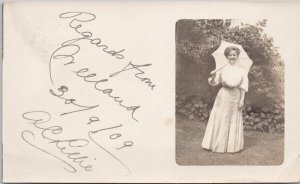 Welland Ontario Portrait of Woman Umbrella ON c1909 RPPC Postcard H44 *as is