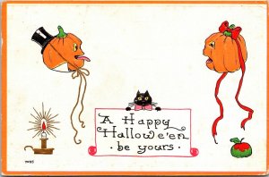 Vintage Bergman Anthropomorphic Pumpkin Man, Woman & Cat  Halloween Postcard