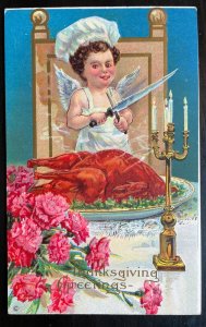 Vintage Victorian Postcard 1910 Thanksgiving Greetings - Angel Carving
