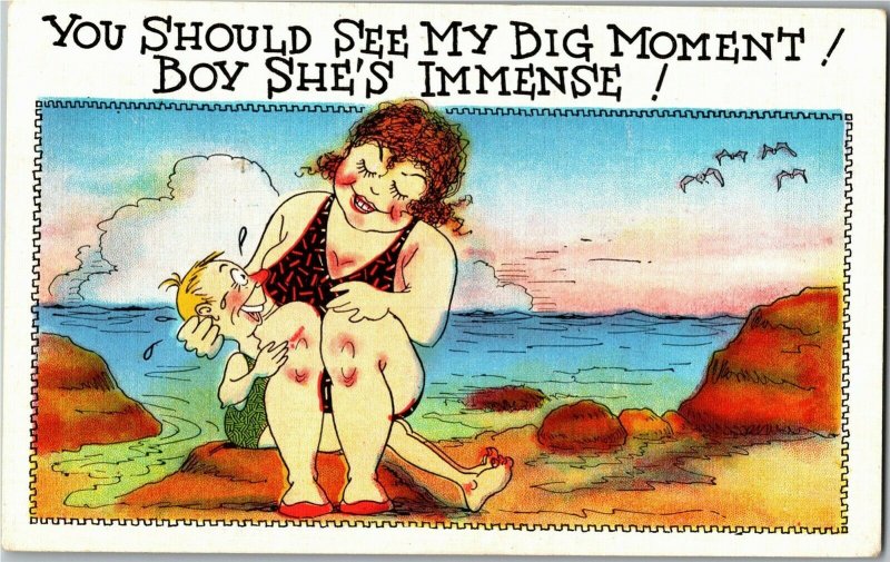 Little Man with Large Woman, You Should See My Big Moment Vintage Postcard H33