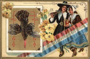 Thanksgiving Pilgrim Man and Woman Dead Turkey c1910 Vintage Postcard