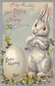 Easter Greetings Rabbit Playing Trumpet Egg 1911 postcard