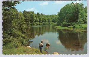 River Scene, Fishing, Greetings From Ingersoll, Ontario, Vintage Chrome Postcard