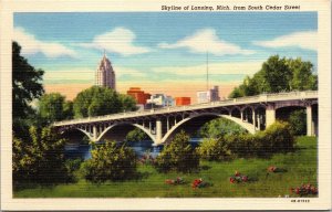 Vtg Lansing Michigan MI Skyline from South Cedar Street 1940s Linen Postcard