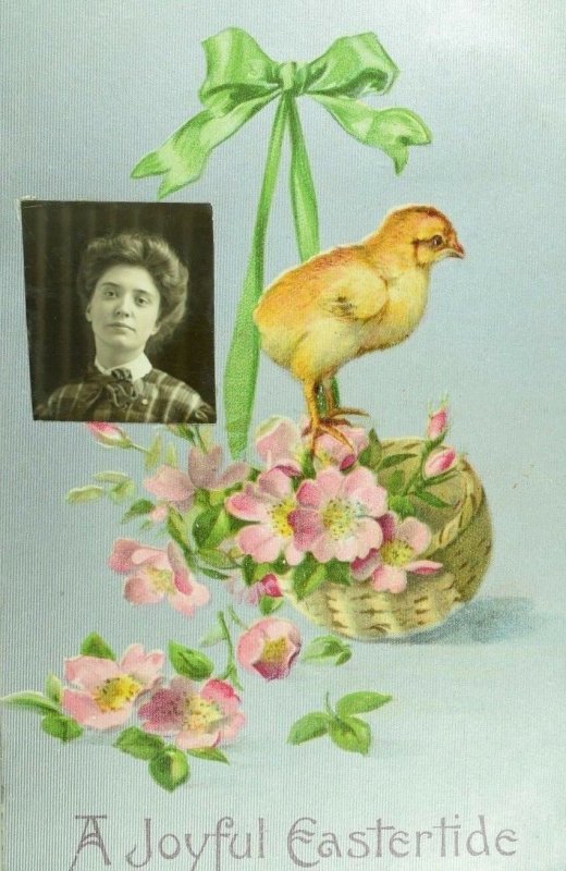 C. 1910 RPPC Easter Real Photo Postcard  Lovely Lady Chick Flower Basket P77